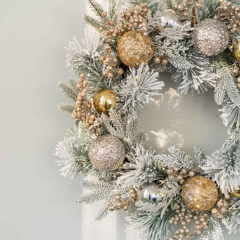 YULETIME 24" Christmas Wreath, Artificial Holiday Wreath with Baubles, Berries, Leaves, Spruce Branches, Snowy Pine Needles (Gold Bauble) - Image 3